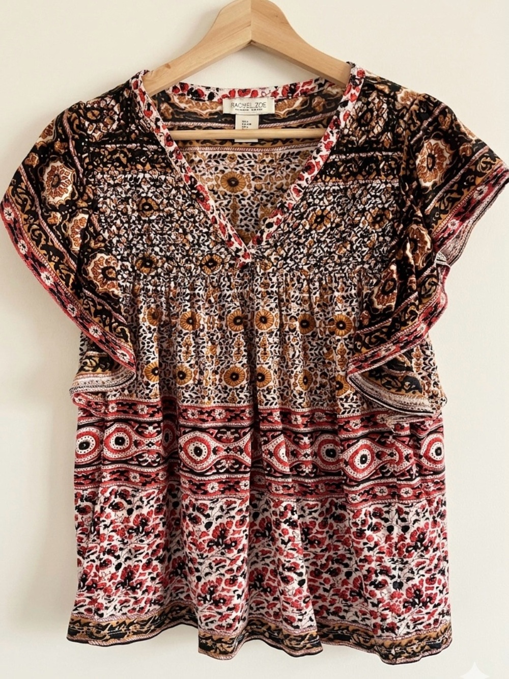 Rachel Zoe Women's Red Multi-Print V-Neck Boho Top